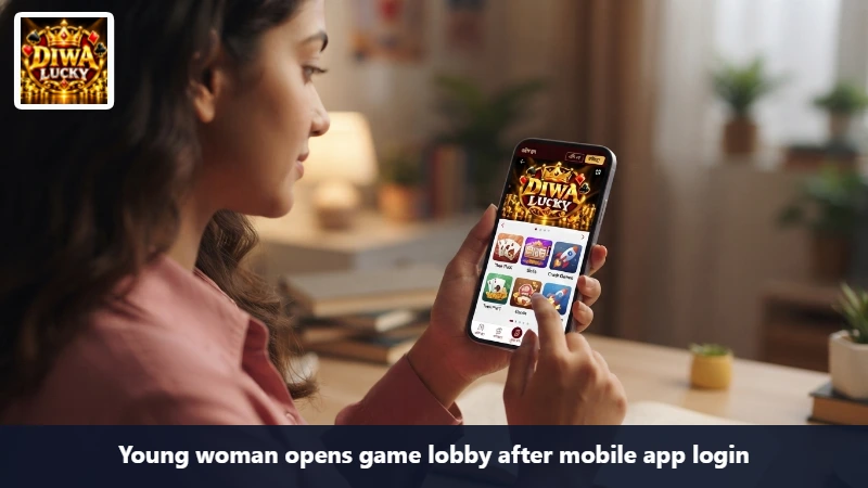 Young woman opens game lobby after mobile app login
