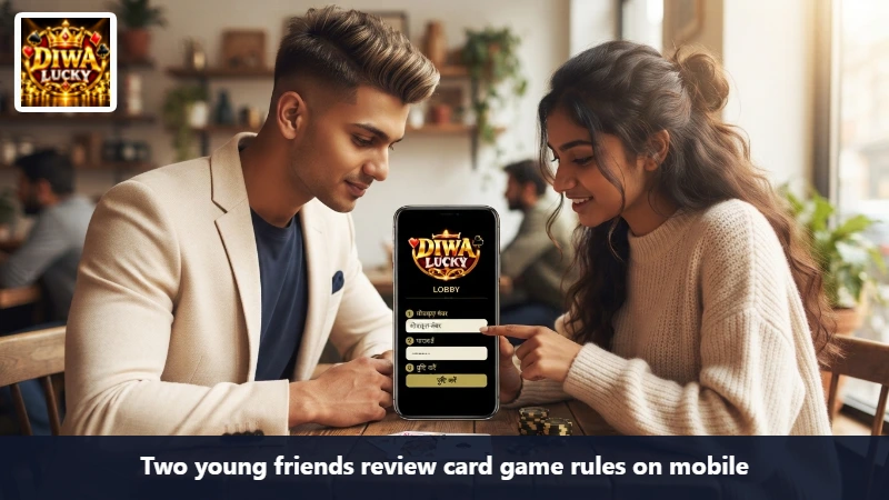 Two young friends review card game rules on mobile