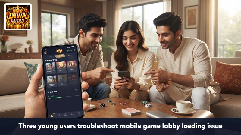 Three young users troubleshoot mobile game lobby loading issue